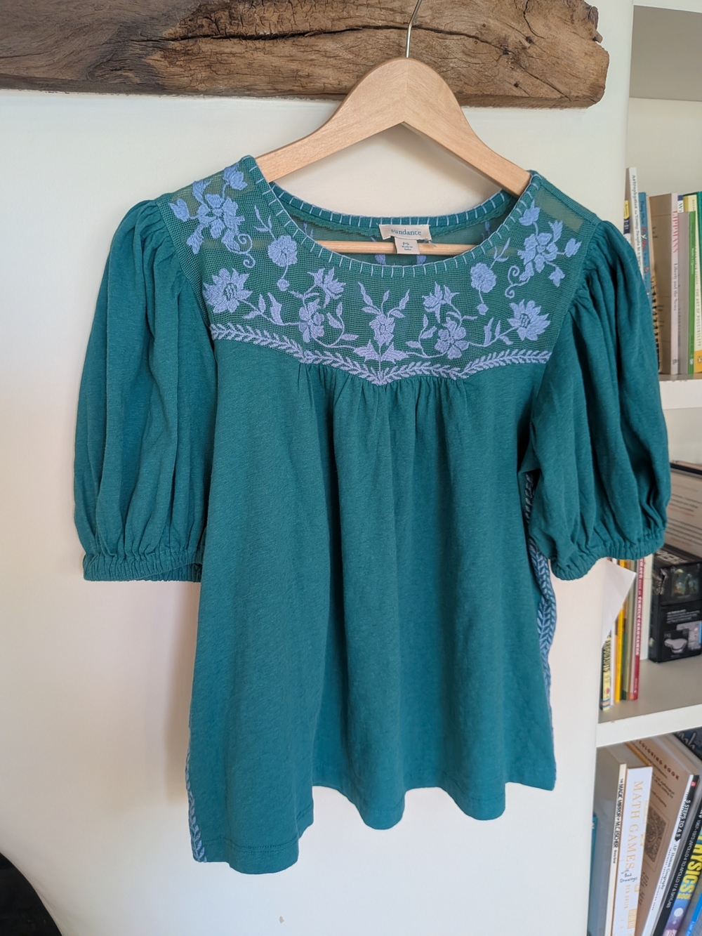 Madewell Teal Puff-Sleeve Embroidered Yoke Top